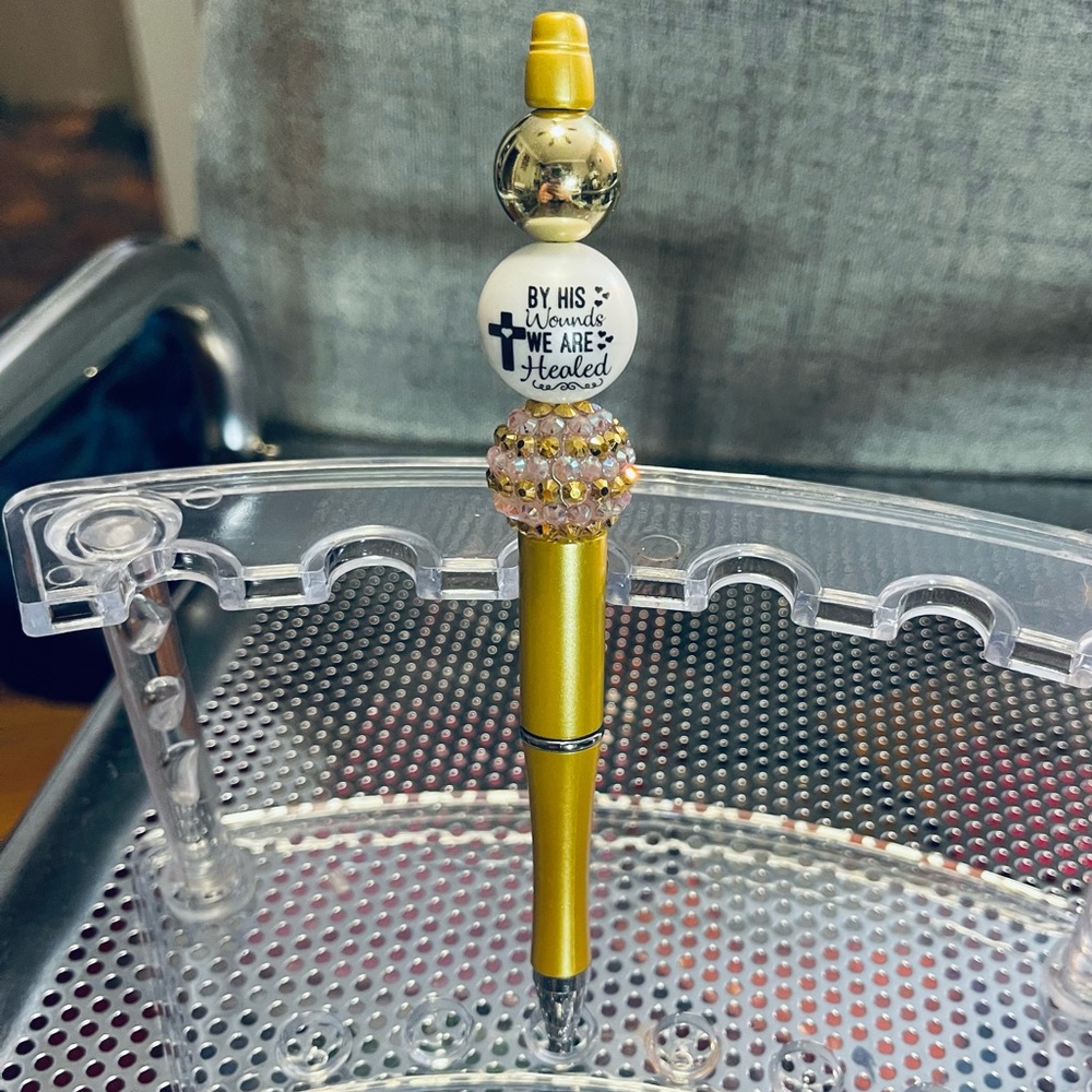 Gold religious quote bead ink pen rhinestone